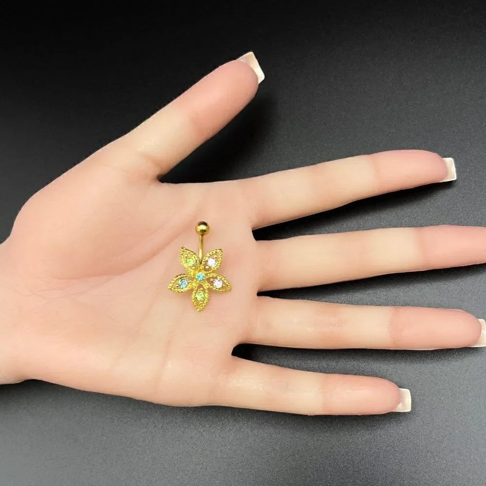 316L Stainless Steel with Multocolored Cubic Zirconia Flower 14G Belly Ring